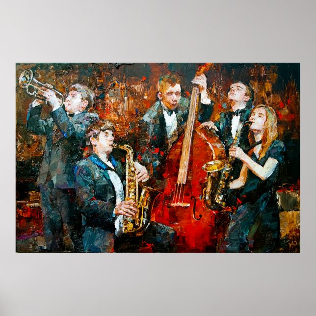 Poster Groupe de jazz élégant jouant de la musique sur la (Devant)