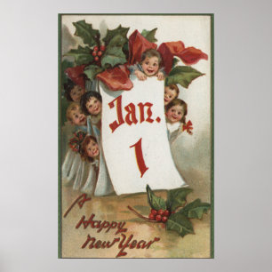 Poster Groupe d'enfants se cachant derrière le calendrier