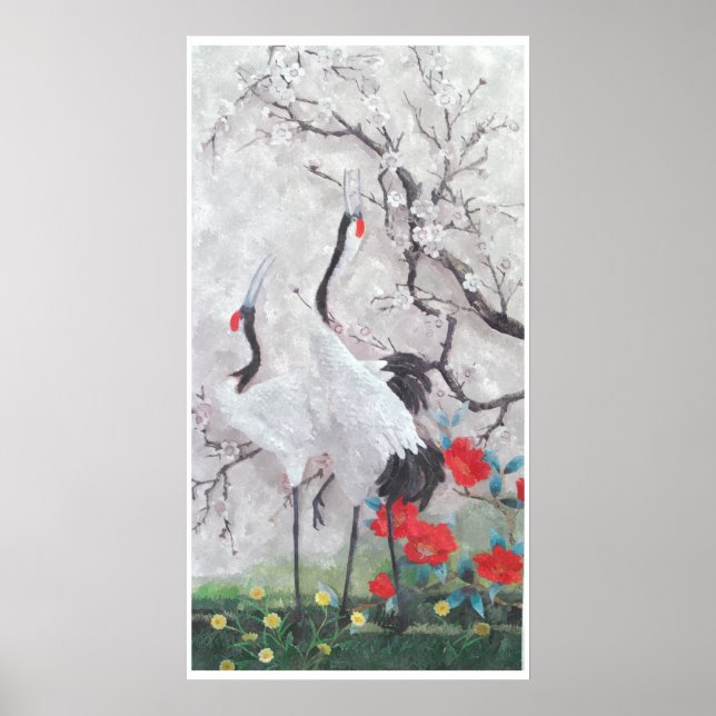 Poster Grue chinoise à l'aquarelle à fleurs de Pêche (Devant)
