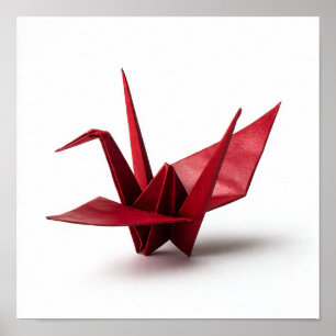 Poster Grue d'origami rouge traditionnelle en blanc