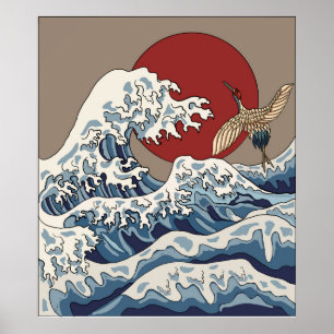 Poster Grue et illustration de vague japonaise C traditio