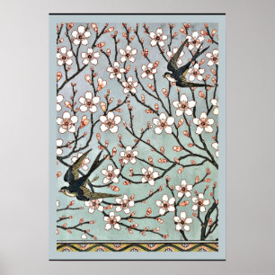 Poster Grue - Fleurs d'amandier et hirondelles