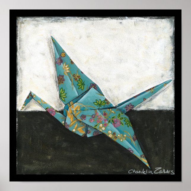 Poster Grue Origami aux motifs floraux (Devant)