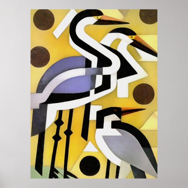 Poster Grues En Style Art Abstrait Géométrique Sur Jaune (Devant)
