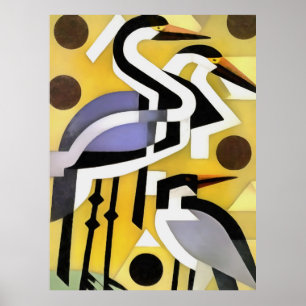 Poster Grues En Style Art Abstrait Géométrique Sur Jaune