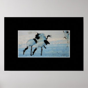 Poster Grues japonaises en art de la neige sur toile