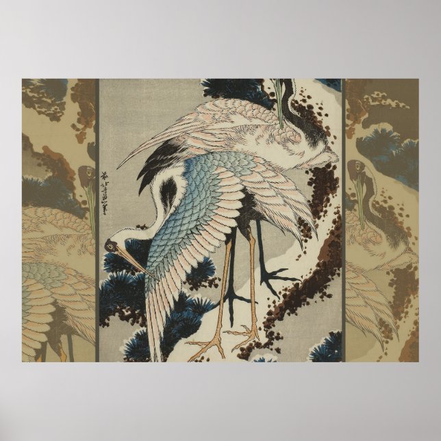 Poster Grues sur un pin couvert de neige Hokusai (Devant)