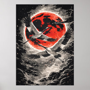 Poster Grues volant dans une lune rouge - Art japonais