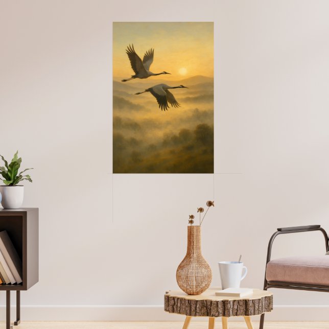 Poster Grues volantes au coucher du soleil – Sérénité de  (Salon 3)