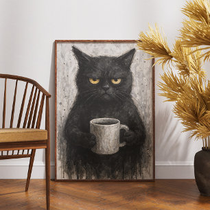 Poster Grumpy Black Cat With Coffee Wall Art