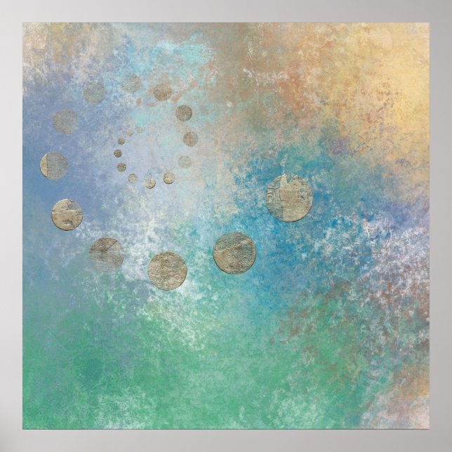 Poster Grunge Côtière | Aquarelle bleu et vert or (Devant)