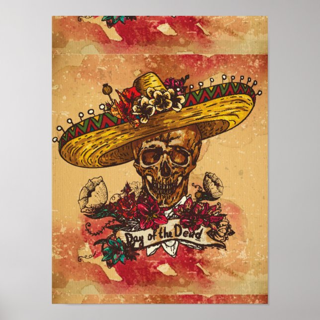 Poster Grunge, halloween, crâne, casquette mexicain, jour (Devant)