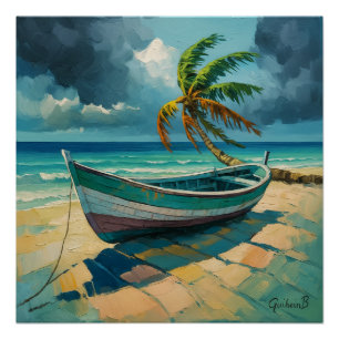Poster Guadeloupe – Paysage tropical avec bateau e