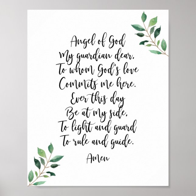 Poster Guardian Angel Prière catholique Imprimer Calligra (Devant)