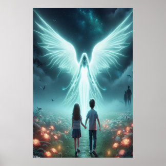 Poster Guardian Angel + Two Children Walking a Dark Path