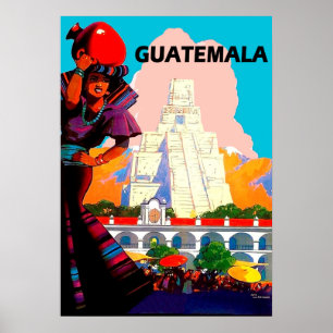 Poster Guatemala, femme indigène avec poterie, pyramide