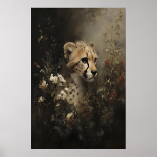 Poster Guépard dans des fleurs sauvages, peinture à l'hui