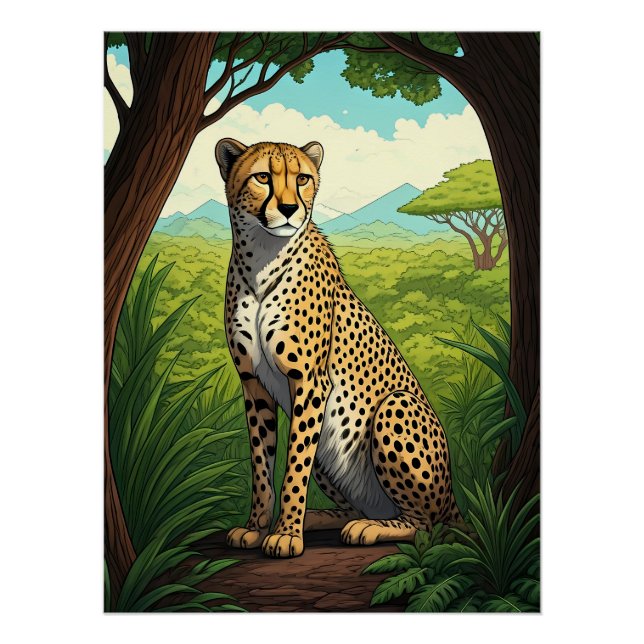 Poster Guépard dans une forêt luxuriante (Devant)