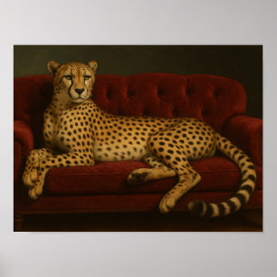 Poster Guépard royal sur canapé en velours cramoisi rouge