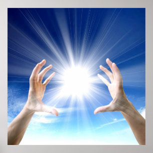 Poster Guérir les mains sur arrière - plan bleu, reiki, c