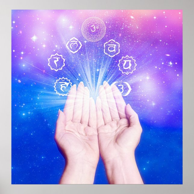 Poster Guérison mains sept chakras symbole bleu arrière - (Devant)