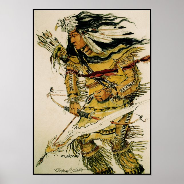 Poster Guerrier avec toile à flèches flamboyantes (Devant)