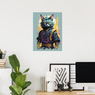Poster Guerrier Chat Ninja Éclaboussure de Feu Gris Cool