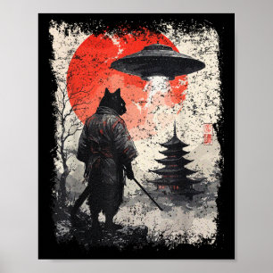 Poster Guerrier de chat ninja samouraï Sumi-e Ufo Ukiyo-e