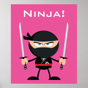 Poster Guerrier Ninja Rose Caricature Avec Deux Katana