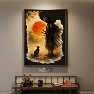 Poster Guerrier Samouraï Japonais & Chat Noir Sous Sang 