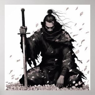 Poster Guerrier Samouraï Minimal Sombre avec Pétales de S