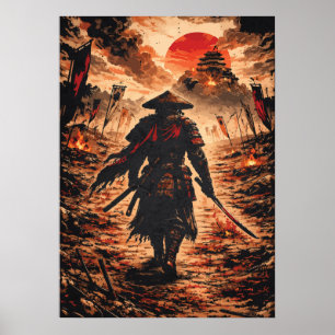 Poster Guerrier samouraï sur le champ de bataille, art d'