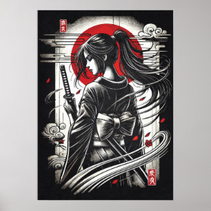 Poster Guerrière Geisha Katana - Art de tatouage d'anime 