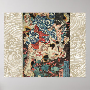 Poster GUERRIÈRE JAPONAISE TUANT UN CHAT MONSTREUX Ukiyoe