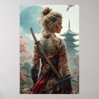 Poster Guerrière samouraï femme avec katana — culture jap