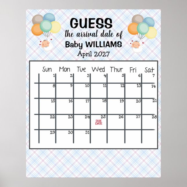 Poster Guess Date d'échéance Calendrier Ballons bébé Post (Devant)