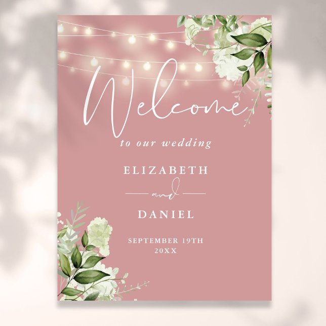 Poster Guirlande de lumières rose poussiéreuse Fleurs Bie (Dusty Rose String Lights Floral Wedding Welcome Poster)