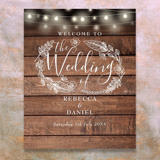 Poster Guirlande Lumineuse en Bois Fleurie Panneau de Bie (Floral Wood String Lights Wedding Welcome Sign)
