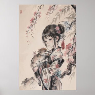 Poster Guisha and Puppy - Traditional Chinese Art