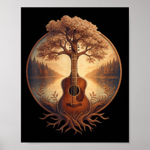 Poster Guitare acoustique Arbre Lac Guitariste Musique co