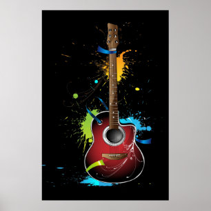 Poster Guitare acoustique avec éclaboussures de peinture