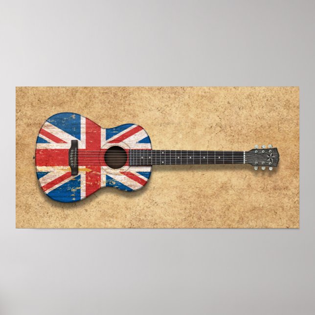 Poster Guitare acoustique du drapeau britannique vieilli  (Devant)