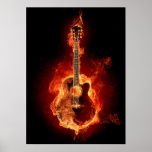Poster Guitare acoustique en flammes