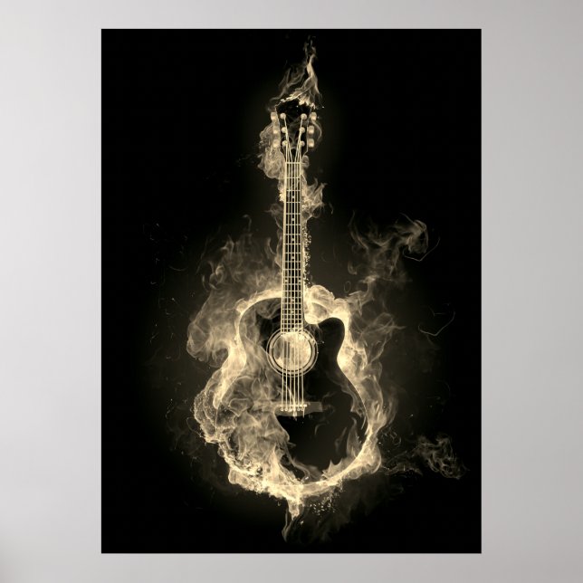 Poster Guitare acoustique en flammes blanches (Devant)