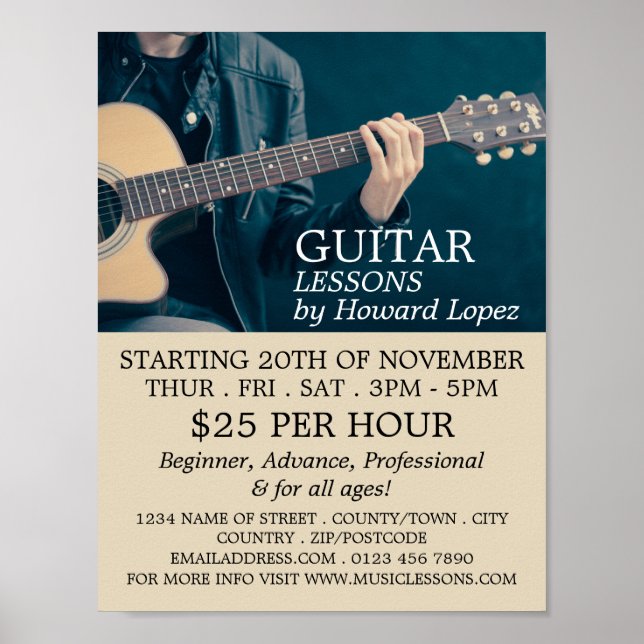Poster Guitare acoustique, Leçons de Guitare Publicité (Devant)