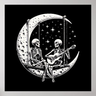 Poster Guitare de lune de couple de squelettes
