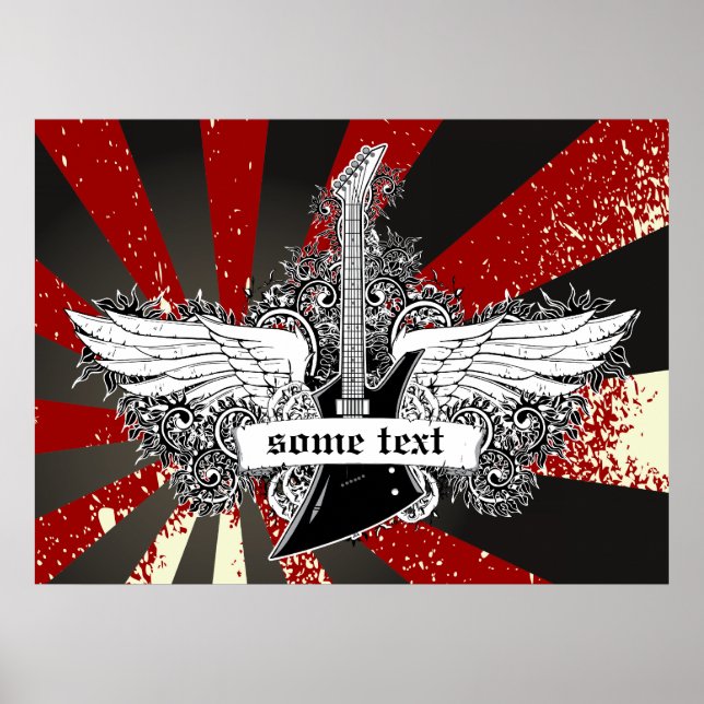 Poster Guitare électrique et ailes noir blanc rouge affic (Devant)