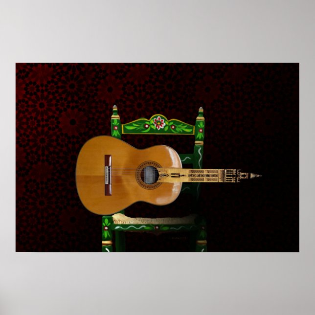 Poster Guitare espagnole avec Girouette Séville et chaise (Devant)