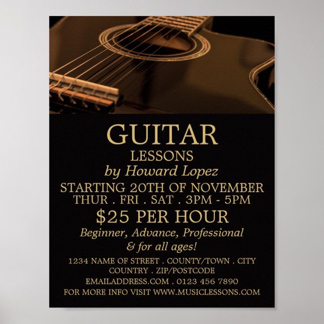 Poster Guitare noire, leçons de guitare publicité (Devant)