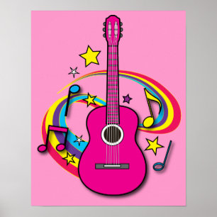 Poster Guitare rose avec musique et arc en ciel